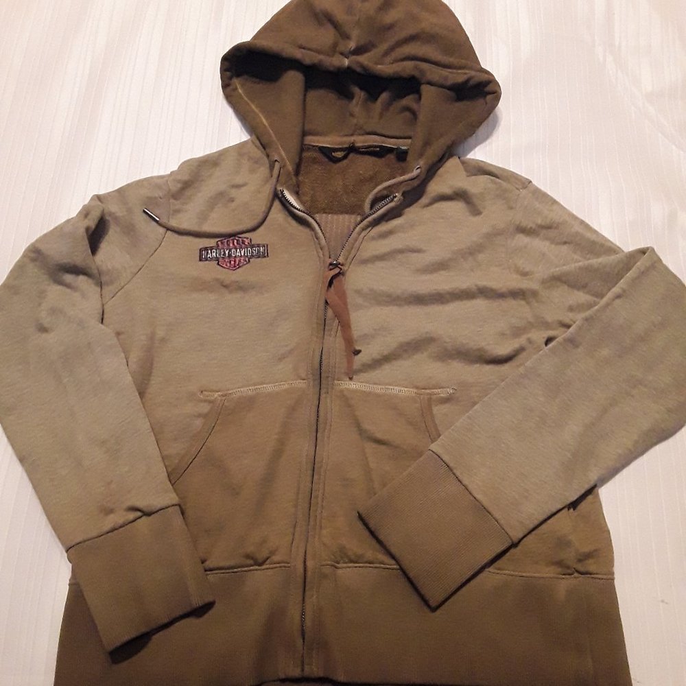 EUC Harley Davidson Womens Distressed Sweatshirt Applique Zip Hoodie Tan  Sz Lrg